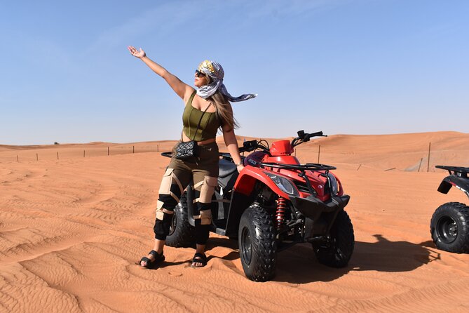 Dubai: Desert Safari, Quad bike and Sand boarding with BBQ Dinner - Camel riding, Arabic dress, and the camp activities
