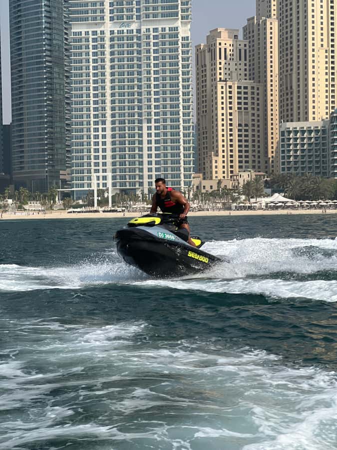 Dubai East: Guided JetsKi Ride with Sound System! - Jumeirah Beach Residence from the sea