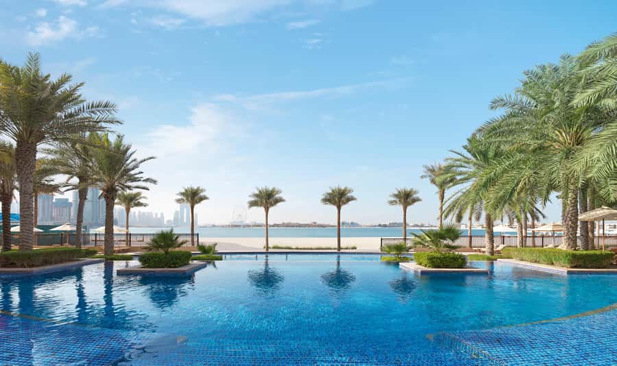 Dubai: Fairmont the Palm Pool and Beach Access - West Beach, palms, and Palm Jumeirah views