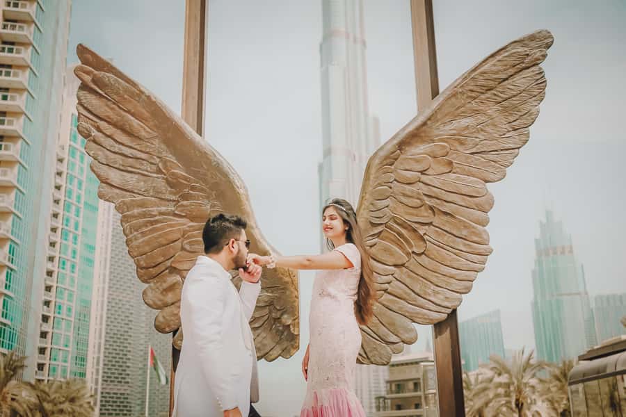 Dubai: Iconic Burj Khalifa Pre-Wedding Photoshoot - A polished Burj Khalifa backdrop without a full wedding production