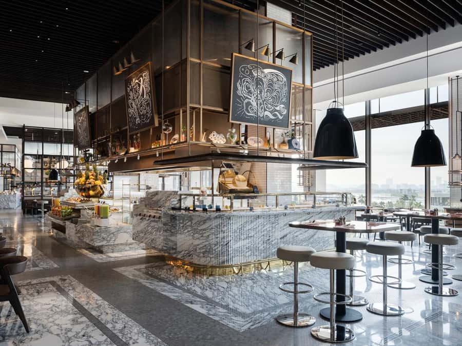 Dubai: Luxury Dinner Buffet at Gastronomy Atlantis The Royal - The fountain displays and Dubai skyline