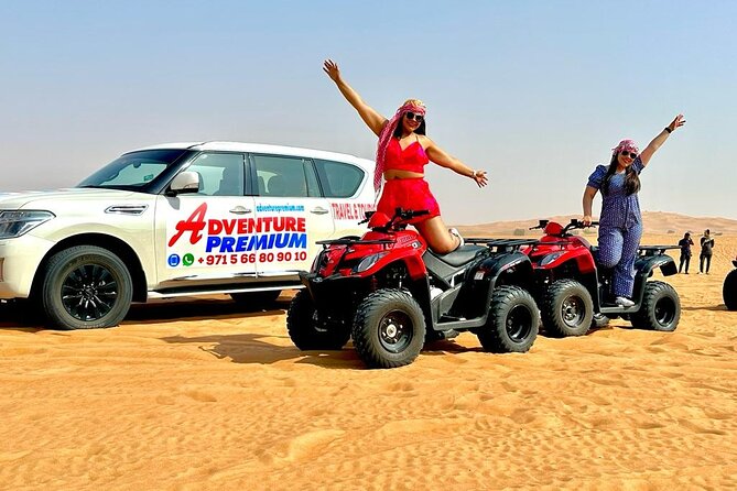 Dubai Premium Red Dunes, Quad Bike, Camel Ride, Sand Surfing & 5<em> BBQ – Key points to know before booking’ /></p>
<ul>
<li><strong>Lahbab’s red dunes:</strong> The safari travels roughly 45 to 60 minutes from Dubai to the striking red desert near Lahbab.</li>
<li><strong>30 to 45 minutes of dune bashing:</strong> This is the main burst of action, with a 4×4 climbing and sliding across the dunes.</li>
<li><strong>A full activity list:</strong> You get quad biking, a camel ride, sandboarding, henna, shisha, falcon photos, and a desert camp visit.</li>
<li><strong>An evening of staged entertainment:</strong> Tanoura dancing, a fire show, music, and traditional customs follow the outdoor activities.</li>
<li><strong>Dinner for mixed diets:</strong> The BBQ includes vegetarian and non-vegetarian choices, along with tea, coffee, dates, and gaymat sweets.</li>
<li><strong>Pickup is convenient but not always smooth:</strong> Round-trip transport is offered, yet punctuality and communication have been serious weak points for some bookings.</li>
</ul>
<h2 id="the-ride-from-dubai-to-lahbab">The ride from Dubai to Lahbab</h2>
<p> BBQ – The ride from Dubai to Lahbab’ /></p>
<p><p>Pickup begins around 2:30 pm, with transport in a 4×4 vehicle. The drive to Lahbab usually takes about 45 to 60 minutes, depending on your pickup point and road conditions. That transfer matters because Lahbab is far enough from central Dubai to feel like a real change of setting, but close enough for a half-day outing.</p>
</p>
<p><p>Before the vehicle heads into the dunes, the driver stops to adjust the tire pressure. This is a normal part of desert driving. Lower pressure helps the tires grip soft sand, and it signals that the serious off-road part is about to begin.</p>
</p>
<p><p>The pickup arrangement is one of the package’s strongest features. You do not need to arrange a separate taxi to a remote meeting point, and drop-off is included at the end. Still, give yourself room in your schedule. Pickup times can vary, and reports of delays ranging from 30 to 40 minutes are important to take seriously.</p>
</p>
<p><p>Communication also deserves attention. Some people have had drivers who explained the day clearly and took great care of them. Others dealt with limited English or a last-minute replacement driver. Confirming the pickup before the afternoon is sensible, and keeping your booking details and the operator’s contact information close at hand is even wiser.</p>
</p>
<div class="twil" style="margin: 20px 0; padding: 15px 0;"><p>More Desert Safaris in Dubai:</p><ul style="margin: 10px 0; padding-left: 0; list-style: none;"><li style="margin: 0 0 12px 0; padding: 0 0 12px 0; border-bottom: 1px solid #eee; line-height: 1.4;"><a href="https://uaereviewed.com/dubai-desert-safari-quad-bike-camel-ride-al-khayma-camp/">Dubai: Desert Safari, Quad Bike, Camel Ride & Al Khayma Camp</a><br><span style="font-size: 0.82em; color: #555;"><span style="color: #0E7C6B;">★</span> 4.9 · 68,962 reviews</span></li><li style="margin: 0 0 12px 0; padding: 0 0 12px 0; border-bottom: 1px solid #eee; line-height: 1.4;"><a href="https://uaereviewed.com/dubai-desert-safari-quad-bike-camel-ride-and-sandboarding/">Dubai: Desert Safari, Quad Bike, Camel Ride and Sandboarding</a><br><span style="font-size: 0.82em; color: #555;"><span style="color: #0E7C6B;">★</span> 4.9 · 43,505 reviews</span></li><li style="margin: 0; padding: 0; border-bottom: none; line-height: 1.4;"><a href="https://uaereviewed.com/dubai-safari-quad-bike-camel-ride-and-buffet-dinner/">Dubai: Safari, Quad Bike, Camel Ride, and Buffet Dinner</a><br><span style="font-size: 0.82em; color: #555;"><span style="color: #0E7C6B;">★</span> 4.9 · 33,424 reviews</span></li></ul></div><h2 id="red-dunes-and-30-to-45-minutes-of-dune-bashing">Red dunes and 30 to 45 minutes of dune bashing</h2>
<p><img width="669" height="446" decoding="async" src=