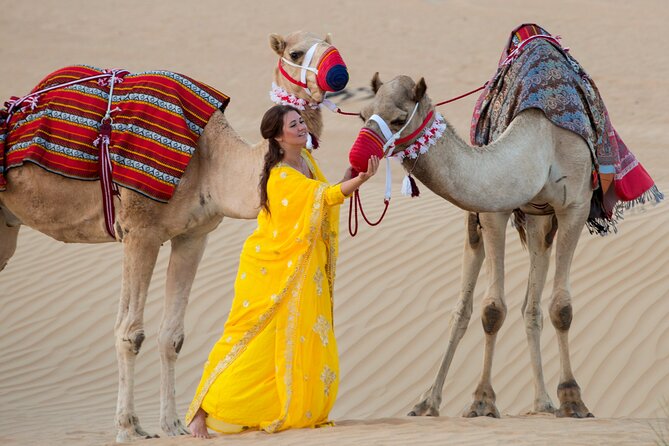 High Red Dunes with Camel Ride, Sandboarding, Falcon Show and VIP BBQ Dinner - Sunset, camel riding, and Bedouin-style seating