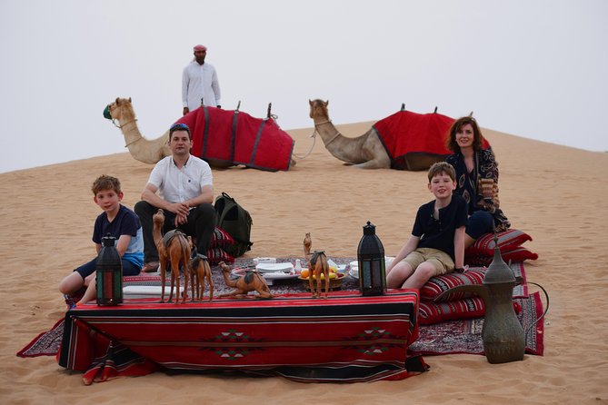 Morning Dubai Desert Safari with Camel Ride & Sand boarding - Arabic coffee, dates, shisha, and the falcon visit